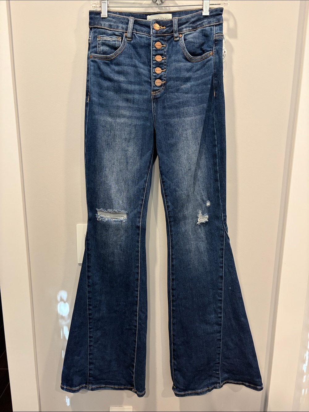 High-Rise Dark Blue Flared Button-Fly Jeans